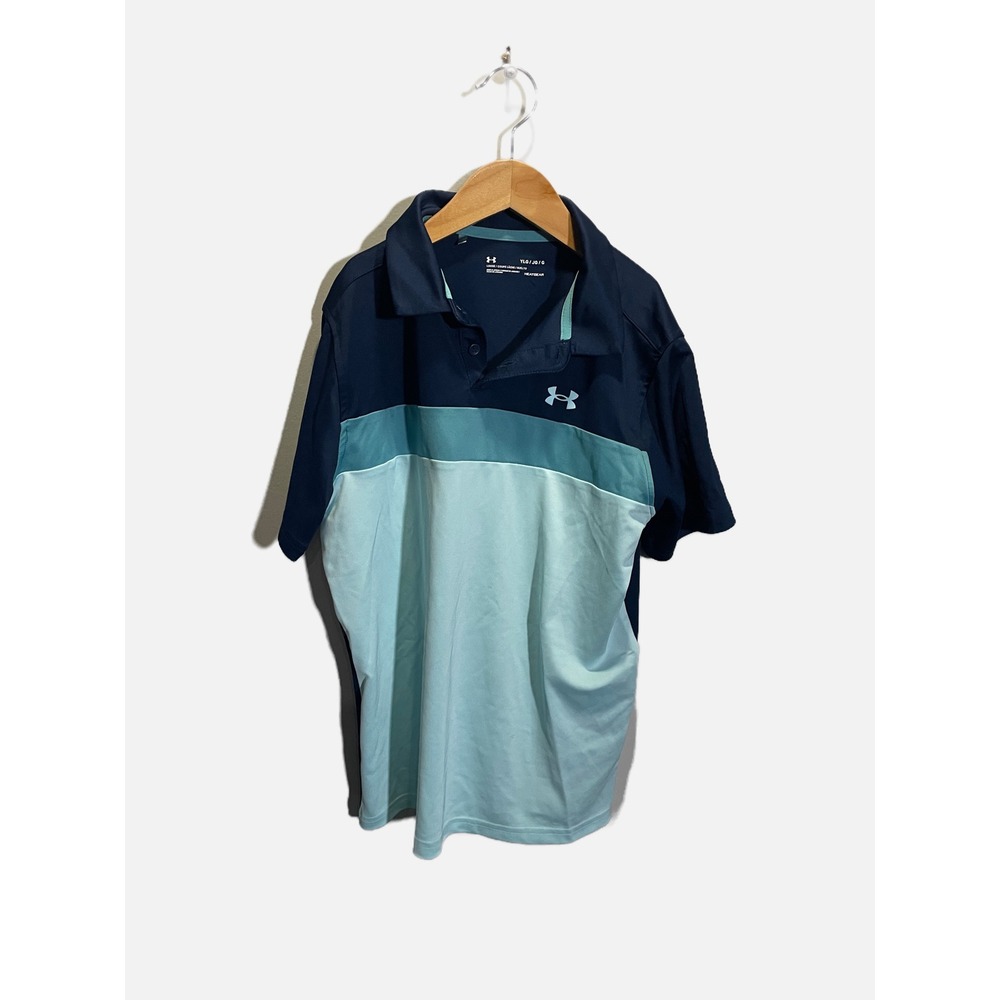 Under Armour Polo Shirt Kids Large Blue Colorblock HeatGear Athletic Golf